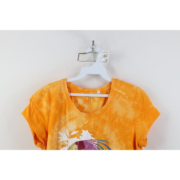 Vintage Y2K Guess Womens Size Large Spell Out Metallic Sunset Acid Wash T-Shirt - Picture 2 of 11